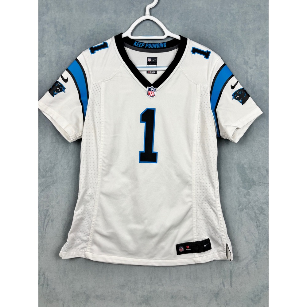 Nike Carolina Panthers Cam Newton 1 Jersey White Blue Womens Medium NFL On Field